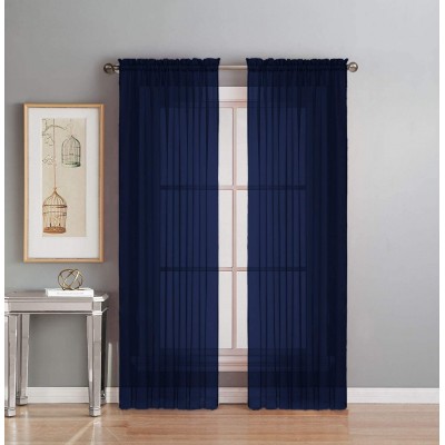 Interior Trends 2 Piece Fully Stitched Sheer Voile Window Panel Curtain Drape Set 95" Long Navy Blue