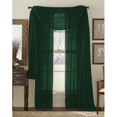 Interior Trends 3 Piece Fully Stitched Sheer Curtain Panel Window Drapes and Scarf Set of 2 Panels and 1 Matching Scarf 95" Long Hunter Green