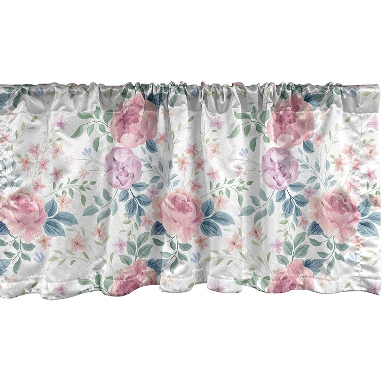 Lunarable Botanical Window Valance Pastel Tone Rose Branches Romantic Garden Flourishing Daisy Flower Curtain Valance for Kitchen Bedroom Decor with Rod Pocket 54 X 12 Pale Pink and Cadet Blue