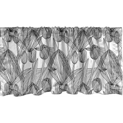 Lunarable Floral Window Valance Black and White Fine-line Drawing Ornamental Tulip Flowers and Leaves Curtain Valance for Kitchen Bedroom Decor with Rod Pocket 54" X 12" Charcoal Grey