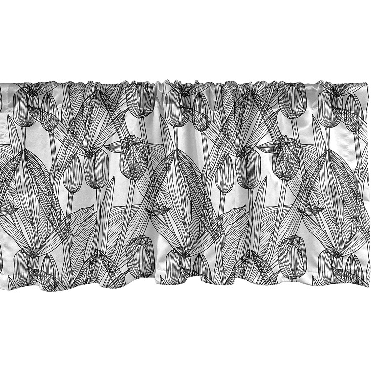 Lunarable Floral Window Valance Black and White Fine-line Drawing Ornamental Tulip Flowers and Leaves Curtain Valance for Kitchen Bedroom Decor with Rod Pocket 54 X 12 Charcoal Grey