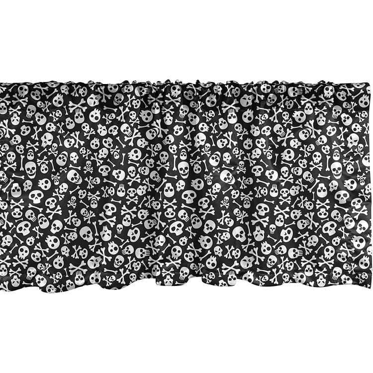 Lunarable Skull Window Valance Halloween Themed Minimal Continuous Pattern with Gothic with Bones Curtain Valance for Kitchen Bedroom Decor with Rod Pocket 54 X 12 Charcoal Grey and White