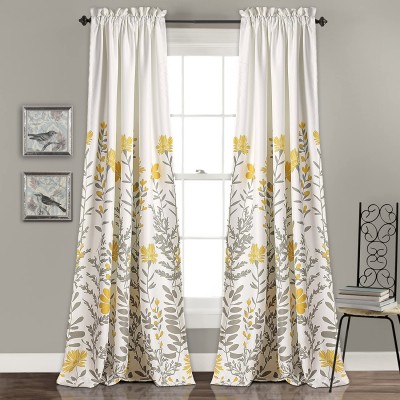 Lush Decor 16T001634 Aprile Room Darkening Curtains Floral Leaf Design Window Panel Drapes Set for Living Dining Bedroom Pair 84" x 52" Yellow and Gray 2 Count