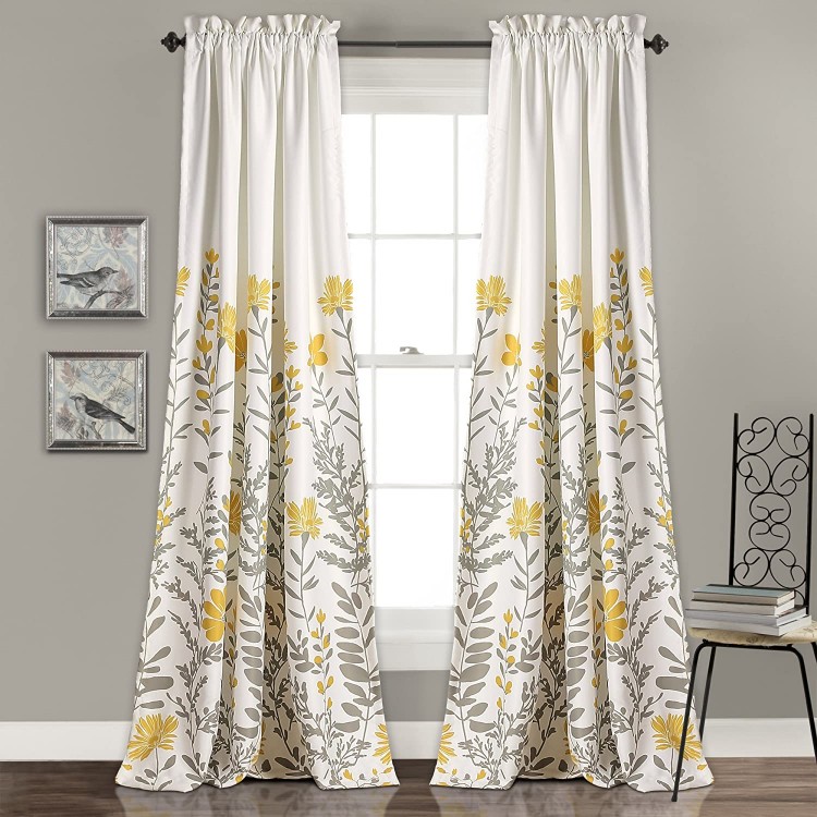 Lush Decor 16T001634 Aprile Room Darkening Curtains Floral Leaf Design Window Panel Drapes Set for Living Dining Bedroom Pair 84 x 52 Yellow and Gray 2 Count
