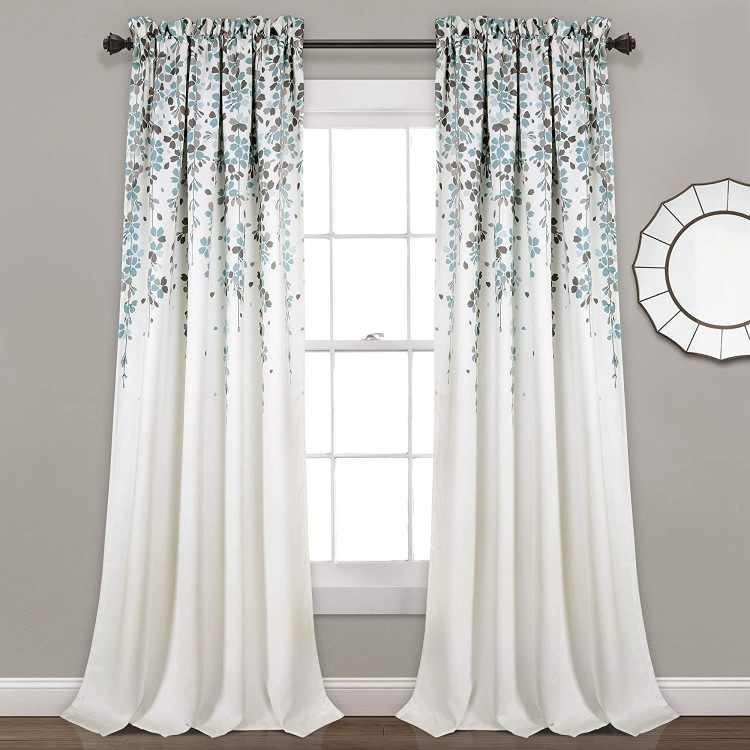Lush Decor Blue and Gray Weeping Flowers Room Darkening Window Panel Curtain Set Pair 84” x 52 84 x 52