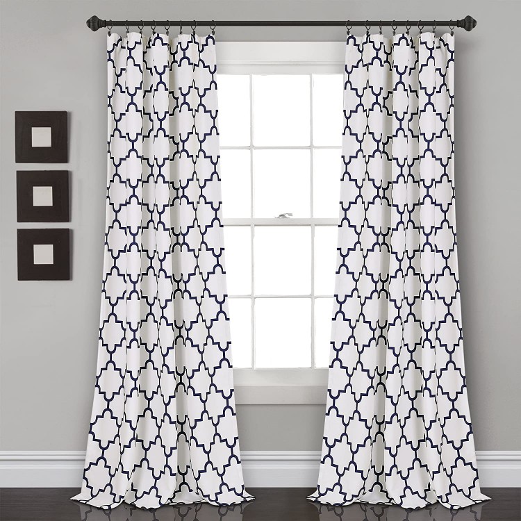 Lush Decor Navy Bellagio Room Darkening Curtains-Trellis Geometric Design Window Panel Drapes Set for Living Dining Bedroom Pair 108” x 52