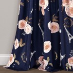 Lush Decor Navy Vintage Paris Rose Butterfly 2-Piece Window Curtain Panel Set Long Floral Polyester Themed Pattern 84 x 52