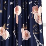 Lush Decor Navy Vintage Paris Rose Butterfly 2-Piece Window Curtain Panel Set Long Floral Polyester Themed Pattern 84 x 52