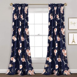 Lush Decor Navy Vintage Paris Rose Butterfly 2-Piece Window Curtain Panel Set Long Floral Polyester Themed Pattern 84" x 52"