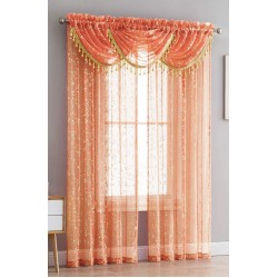 Luxury Home Textiles Adeline 5 Piece Sheer Voile Curtain Set with Beaded Austrian VALANCES and FOIL Metallic Accent Coral Gold