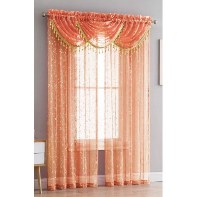 Luxury Home Textiles Adeline 5 Piece Sheer Voile Curtain Set with Beaded Austrian VALANCES and FOIL Metallic Accent Coral Gold