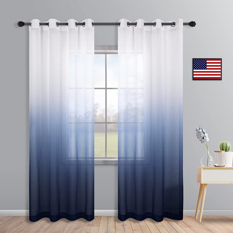 Navy Blue Curtains 84 Inch for Living Room Set of 2 Panels Grommet Window Semi Sheer Nautical Design Faux Linen Ombre Navy Curtains for Boys Bedroom Nursery Men Office Decor Deep Dark Blue and White