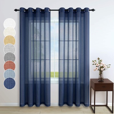 Navy Curtains 96 Inches Long for Living Room Pair Set 2 Panels Gommet Eyelet Light Voile Linen Woven Drapes Blue Semi Sheer Curtains for Dining Room Home Office Kids Room Home Decor 52x96 Inch Length