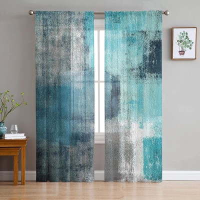 Semi Sheer Curtains 63 Inches Long for Bedroom Living Room Decor,2 Panels Thermal Insulated Grommet Window Curtain,Abstract Turquoise Grey and Teal Window Treatments Curtains Drapes