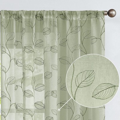 Sheer Curtains for Bedroom Rod Pocket Embroidered Leaf Window Curtains 84 inch Length Botanical Geometric Drapes Living Room 2 Panels Sage