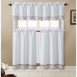 Victoria Classics 3 Piece Kitchen Window Curtain Set: Flower Embroidered Doily Accent White and Taupe