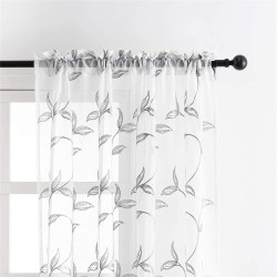 VISIONTEX Sheer Curtains 63 Inch Length 2 Panels Decor Iron Grey Vine Leaves Embroidery on White Voile Pair Accent Semi Window Drapes for Kitchen Living Room and Bedroom 54" W x 63" L