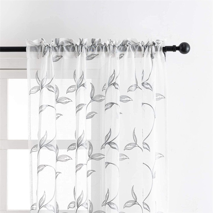 VISIONTEX Sheer Curtains 63 Inch Length 2 Panels Decor Iron Grey Vine Leaves Embroidery on White Voile Pair Accent Semi Window Drapes for Kitchen Living Room and Bedroom 54 W x 63 L
