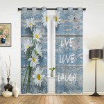 Window Curtain White Daisy Live Love Laugh Home Decor Grommet Draperies 2 Panels Set for Living Room Bedroom Rustic Blue Wood Planks