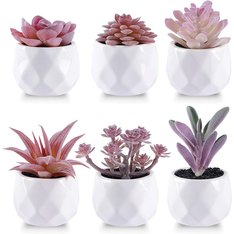 CEWOR Set of 6 Artificial Succulents Plants in Pots Small Fake Potted Plant Mini Faux Pink Succulent for Desk Office Living Room Shelf Bedroom Bathroom Home Decor White Ceramic Pots