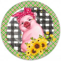 Cute Pig with Sunflower Round Metal Sign Irish Decor Farmhouse Plaid Metal Wreath Signs Welcome Sign Metal Wall Art March 17 Home Decor for Living Room Porch Bedroom Housewarming Gift,9''