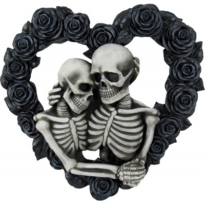 DWK Our Love is Eternal Beautiful Gothic Skeleton Lovers Embracing on Black Rose Wreath Wall Sculpture Romantic Goth Valentine's Day Gift Home Decor Accent Door1 13"