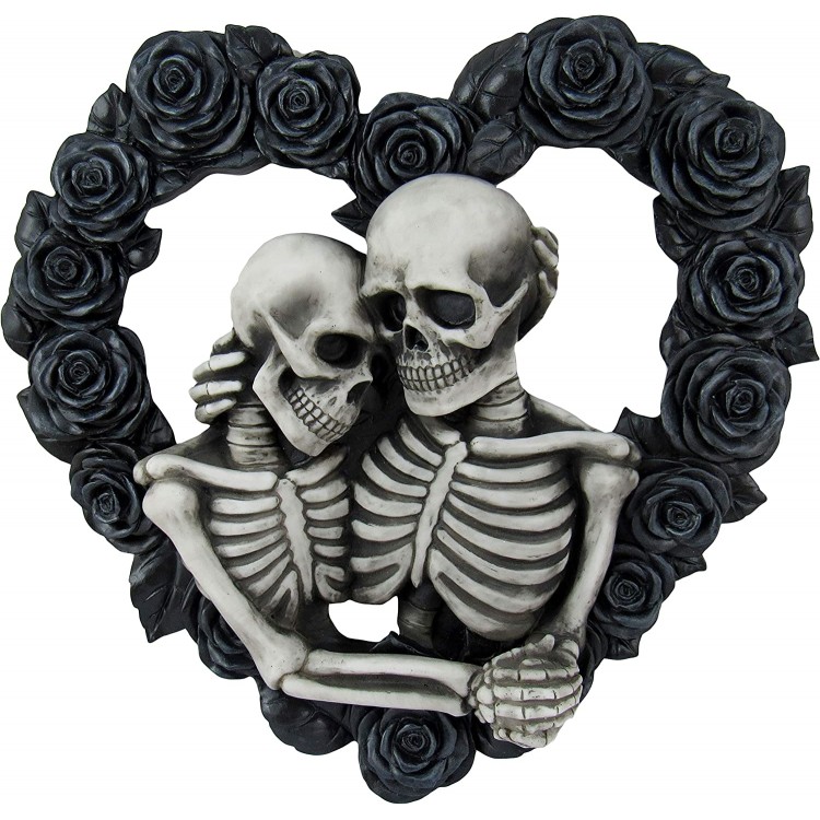 DWK Our Love is Eternal Beautiful Gothic Skeleton Lovers Embracing on Black Rose Wreath Wall Sculpture Romantic Goth Valentine's Day Gift Home Decor Accent Door1 13