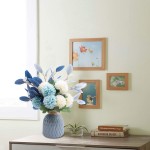 Flowerart Artificial Flowers with Ceramic Vase Blue Hydrangea Silk Flowers for Decoration Wedding Party Home Decor