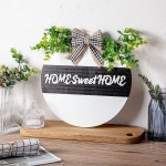 Home Sweet Home Sign Wreaths Decor Sign Front Door Round Wood Hanging Sign with Greenery and Plaid Burlap Bow,Farmhouse Porch Welcome Housewarming Porch Decorations for Home Decor