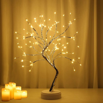Lxcom Lighting LED Branch Lights 108 LEDs New Silver Copper Wire Tree Branches LED Bonsai Table Tree Lighted USB Battery Operated with Touch Switch Decorative Desk Lamp for Home Decor Warm White