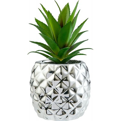 Pretty Home Porcelain Pineapple Ananas Faux Plant Potted Artificial Succulent 7.8" Home Office Bathroom Tabletop Shelf Kitchen Decoration Silver
