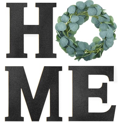 Wooden Home Sign Decorative Wooden Letters with Wreath Rustic Wall Hanging Wooden Home Sign Wall Decor Signs with Artificial Eucalyptus for Home Decor Living Room House 9.8 x 8.5 Inch Black