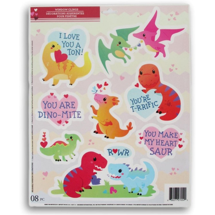 Adorable Dinosaurs Valentine's Day Window Cling Decals 8 Pieces