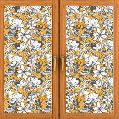 Non-Adhesive Glass Films Anti Uv Privacy Film Floral,Hibiscus Plant Exotic Beach Island with Tropical Sea Accents,Marigold White Charcoal Grey Removable Door Decal for Home Decorative L17.7 xH23.6