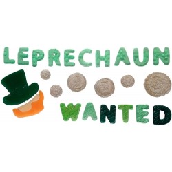 St. Patrick's Day Window Gel Clings. 'Leprechaun Wanted' with Coin & Leprechaun Accents. 25 Pieces.