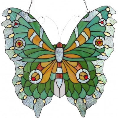 Bieye W10026 Swallowtail Mariposa Butterfly Tiffany Style Stained Glass Window Panel Hangings with Chain 22" W x 20" H Green