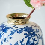 A&B Home 11'' Blue White Porcelain Vase Decorative Flower Bird Painted Glazed Ceramic Gold Lid Chinoiserie Ginger Jar Oriental Decor Centerpiece