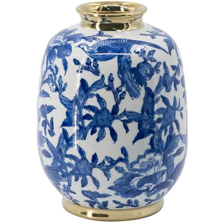 A&B Home 11'' Blue White Porcelain Vase Decorative Flower Bird Painted Glazed Ceramic Gold Lid Chinoiserie Ginger Jar Oriental Decor Centerpiece