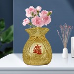 Dolity Golden Flower Vase Planter Pot Money Bag Shape Feng Shui Craft Accent Wealth Resin Art for Home Decor Party Cabinet Dried Flower Living Room L 2