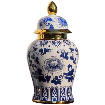 long teng Blue and White Porcelain Ginger Jar Gold Chinese Ceramic Vase with Lid Traditional Chinoiserie Temple Jar Floral Decorative Vase Ming Style for Home Centerpiece Decoration Size : Small