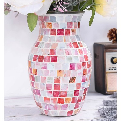 Mosaic Flower Vase for Home Decor 8" Handmade Table Centerpiece Mosaic Accent Container for Office Living Room Kitchen Wedding Pink Lady