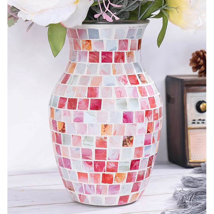 Mosaic Flower Vase for Home Decor 8 Handmade Table Centerpiece Mosaic Accent Container for Office Living Room Kitchen Wedding Pink Lady