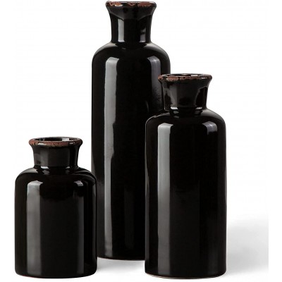 ONECCI-Ceramic Vase Set of Three 3 Black 5” 7.5” & 10” Tall Modern Farmhouse Decorative Faux Vases Elegant Distressed Rustic Home Décor Wedding Centerpiece Housewarming Gift