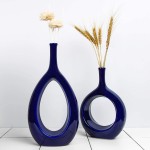 Samawi Blue Ceramic Vase 10 inch Flowers Home Decor Decorative Blue Vase Modern Geometric Vase Peephole Vase for Living Room Bedroom Dining Table