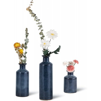 Set of 3 Blue Glazed Ceramic Vase Set Handmade Decorative Vases Dried Floral Arrangements Flower Vases for Home Décor Centerpieces Kitchen Office Wedding or Living Room3 Sizes 5",7.5",10" Tall