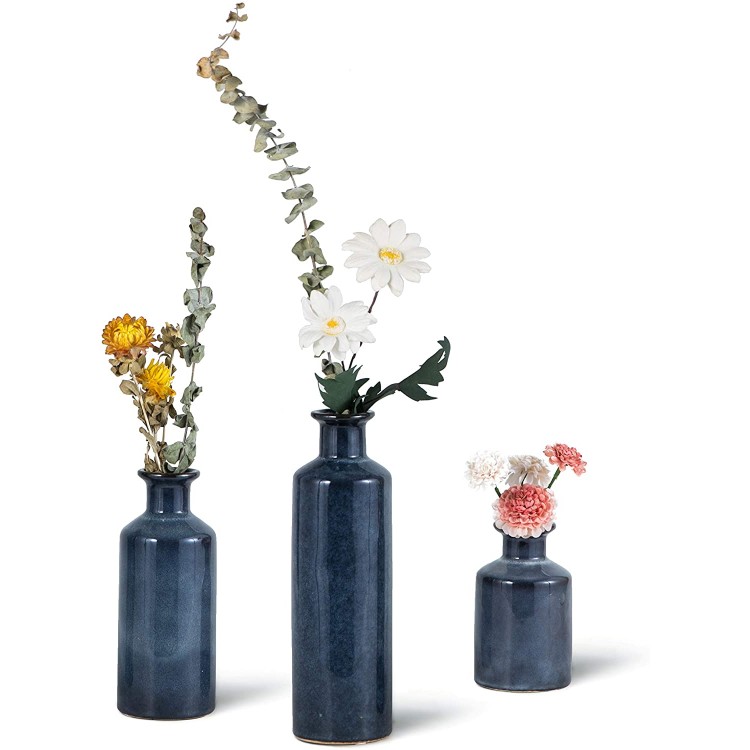 Set of 3 Blue Glazed Ceramic Vase Set Handmade Decorative Vases Dried Floral Arrangements Flower Vases for Home Décor Centerpieces Kitchen Office Wedding or Living Room3 Sizes 5,7.5,10 Tall