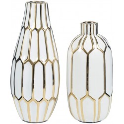 Signature Design by Ashley Mohsen Honeycomb Ceramic 2 Piece Bottle Neck Vase Set White & Gold