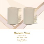 Small Cream Leather Vase Set of 2 Home Decor Round Modern Style with Brass Fittings Accent Piece with Glass Insert 7 x 7 x 10