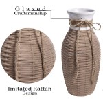 TERESA'S COLLECTIONS Rustic Ceramic Vase for Home Decor Coffee and White Farmhouse Decorative Vase in Imitated Rattan Finish for Table Fireplace Living Room Mantel Decoration 11 inch
