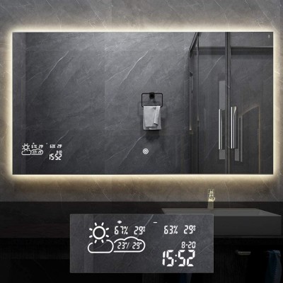 BYECOLD Smart Vanity Bathroom Mirror with Backlit LED Light Touch Switch Defogger Weather Time LED Lighted Makeup Mirror Anti Fog Mirror Bathroom Wall Mirror Horizontal 47.2''x 23.6''